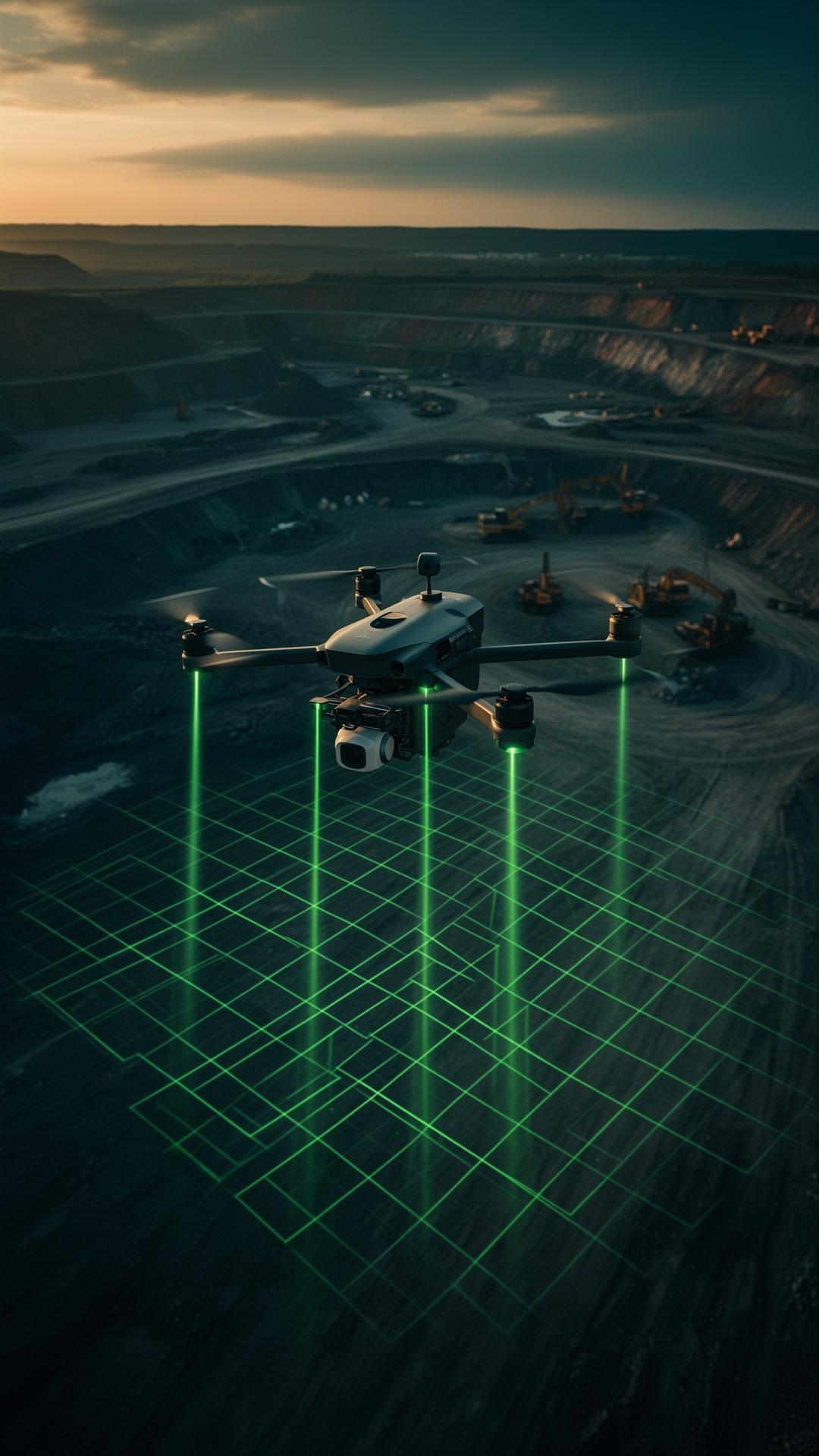 Dron skanujący powierzchnię terenu zielonymi liniami LiDAR nad kopalnią o zachodzie słońca