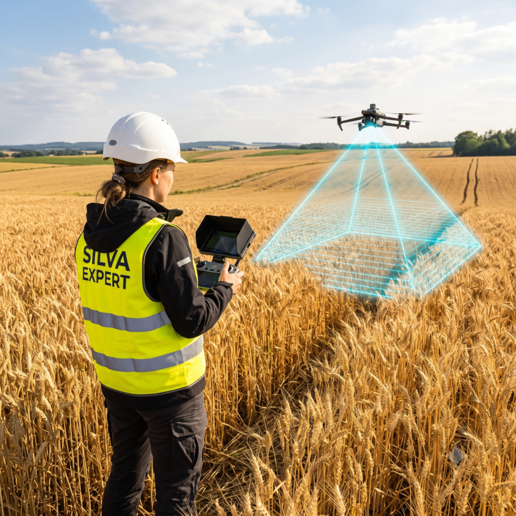 Specjalista Silva Expert sterujący dronem podczas skanowania pola uprawnego